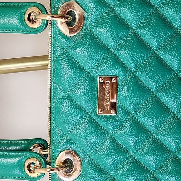 St. John Kelly quilted  Green Leather Sachel's handbag Preppy - Picture 6 of 16